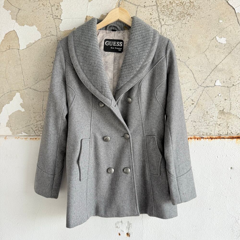 Guess Coat Wool Blend Shawl Collar Peacoat‎ Double Breasted Womens S Preppy Y2K